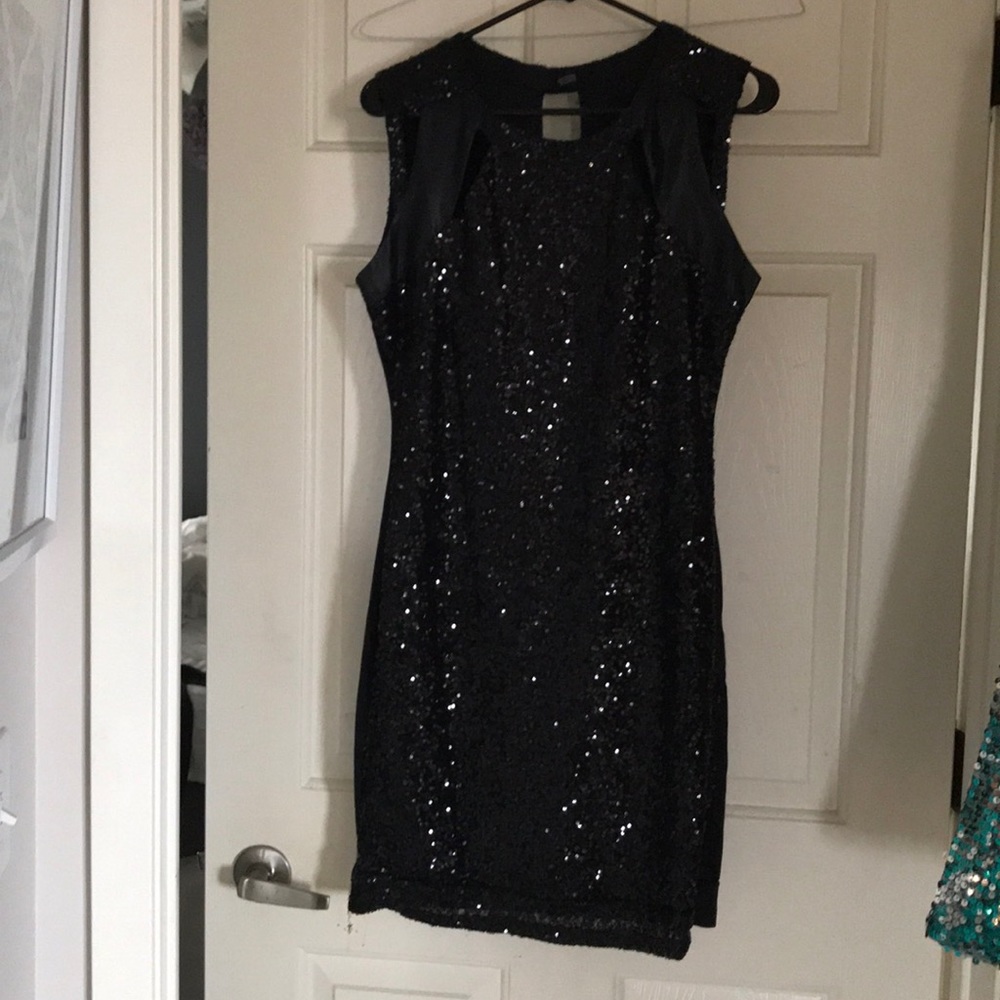 Black sequins dress, leather accents